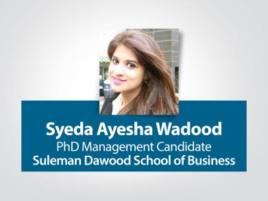 Picture of Syeda Ayesha Wadood and name in white text over blue background